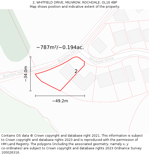 2, WHITFIELD DRIVE, MILNROW, ROCHDALE, OL16 4BP: Plot and title map