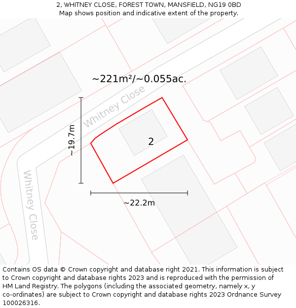 2, WHITNEY CLOSE, FOREST TOWN, MANSFIELD, NG19 0BD: Plot and title map