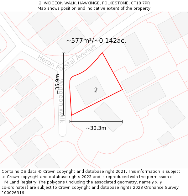 2, WIDGEON WALK, HAWKINGE, FOLKESTONE, CT18 7PR: Plot and title map
