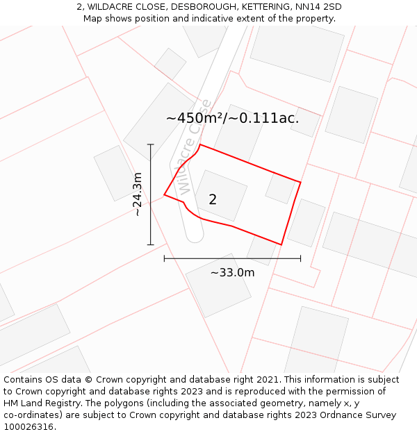 2, WILDACRE CLOSE, DESBOROUGH, KETTERING, NN14 2SD: Plot and title map