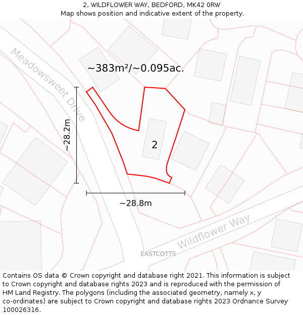 2, WILDFLOWER WAY, BEDFORD, MK42 0RW: Plot and title map