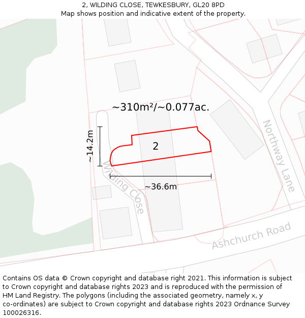 2, WILDING CLOSE, TEWKESBURY, GL20 8PD: Plot and title map