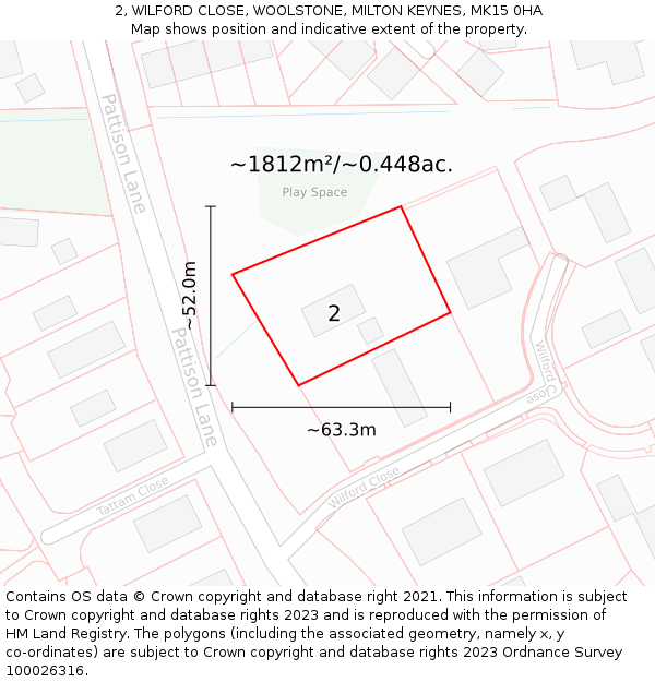 2, WILFORD CLOSE, WOOLSTONE, MILTON KEYNES, MK15 0HA: Plot and title map