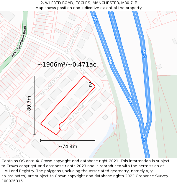 2, WILFRED ROAD, ECCLES, MANCHESTER, M30 7LB: Plot and title map