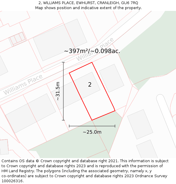 2, WILLIAMS PLACE, EWHURST, CRANLEIGH, GU6 7RQ: Plot and title map