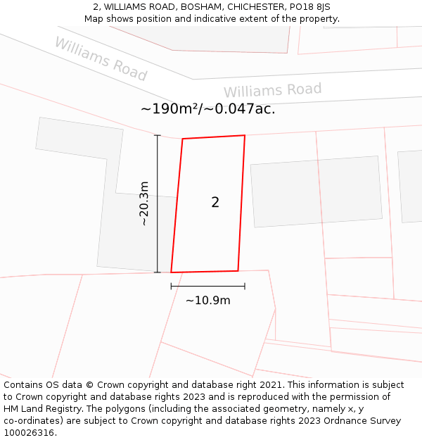 2, WILLIAMS ROAD, BOSHAM, CHICHESTER, PO18 8JS: Plot and title map