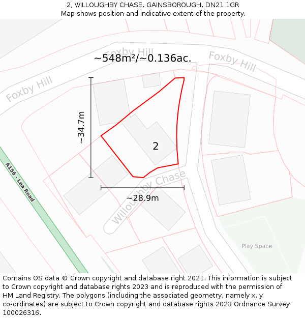 2, WILLOUGHBY CHASE, GAINSBOROUGH, DN21 1GR: Plot and title map