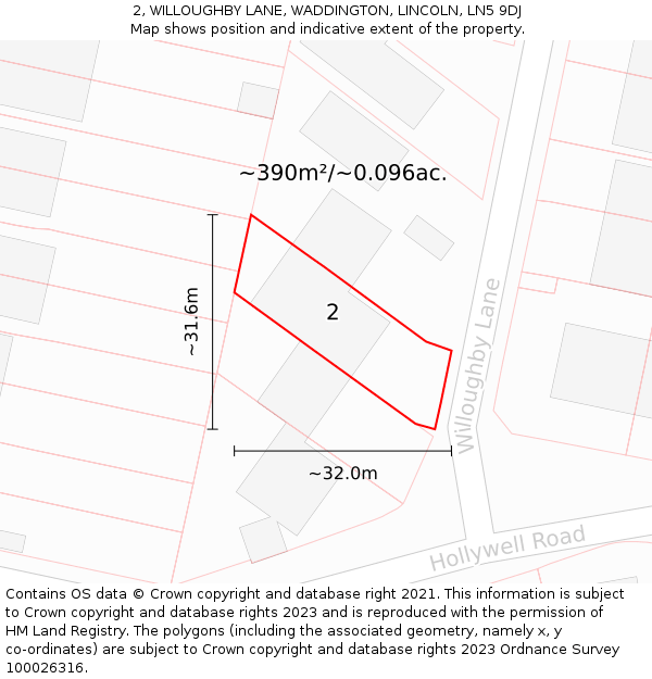 2, WILLOUGHBY LANE, WADDINGTON, LINCOLN, LN5 9DJ: Plot and title map