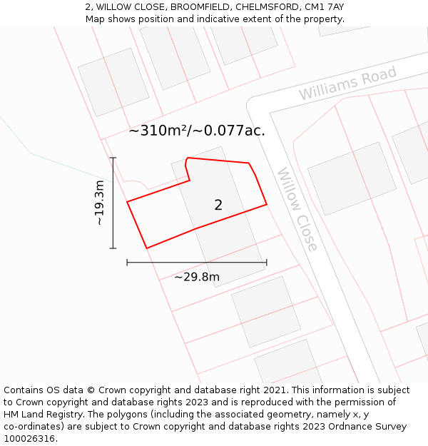 2, WILLOW CLOSE, BROOMFIELD, CHELMSFORD, CM1 7AY: Plot and title map