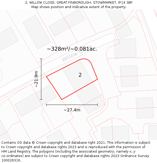 2, WILLOW CLOSE, GREAT FINBOROUGH, STOWMARKET, IP14 3BF: Plot and title map