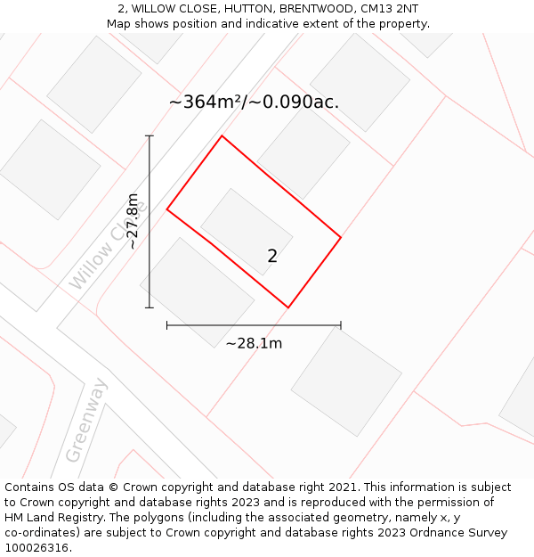 2, WILLOW CLOSE, HUTTON, BRENTWOOD, CM13 2NT: Plot and title map