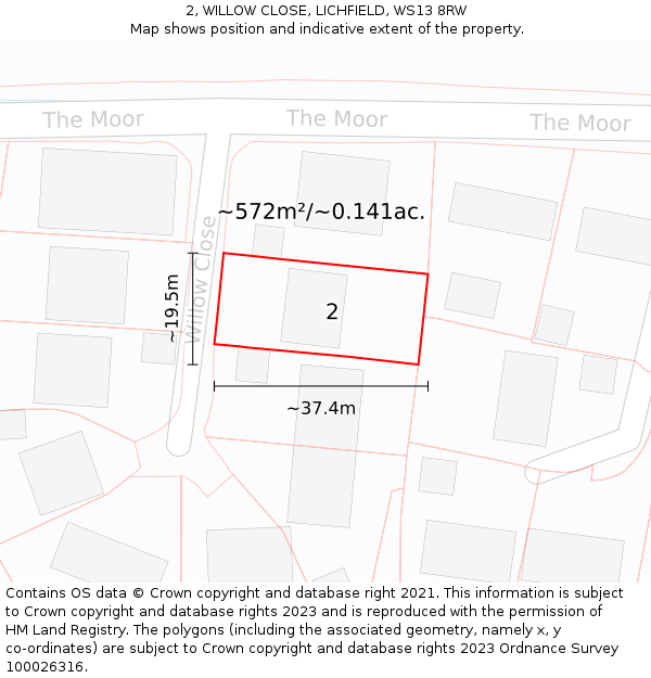 2, WILLOW CLOSE, LICHFIELD, WS13 8RW: Plot and title map