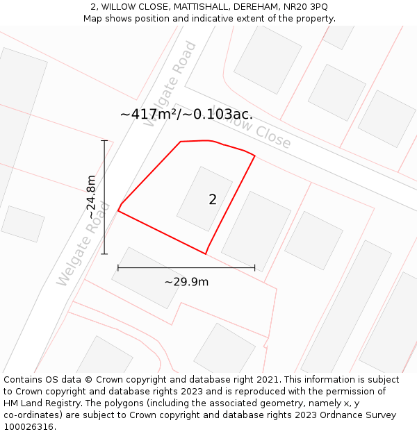 2, WILLOW CLOSE, MATTISHALL, DEREHAM, NR20 3PQ: Plot and title map