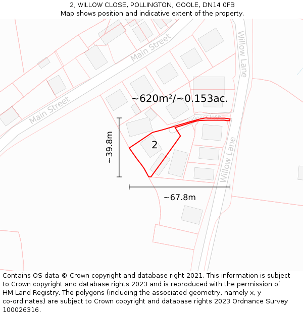 2, WILLOW CLOSE, POLLINGTON, GOOLE, DN14 0FB: Plot and title map