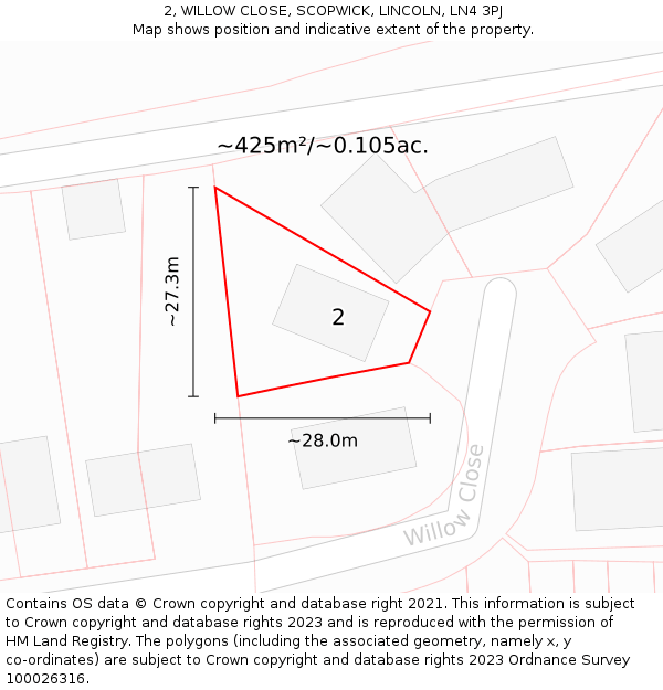 2, WILLOW CLOSE, SCOPWICK, LINCOLN, LN4 3PJ: Plot and title map
