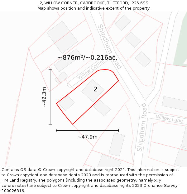 2, WILLOW CORNER, CARBROOKE, THETFORD, IP25 6SS: Plot and title map