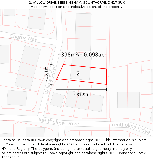 2, WILLOW DRIVE, MESSINGHAM, SCUNTHORPE, DN17 3UX: Plot and title map
