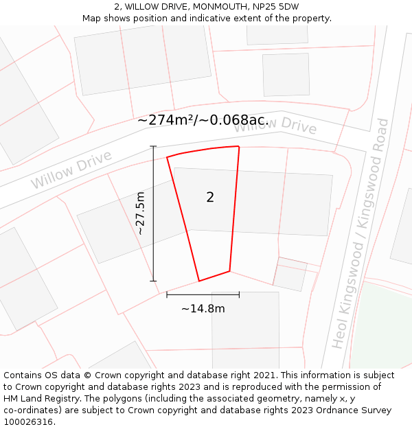 2, WILLOW DRIVE, MONMOUTH, NP25 5DW: Plot and title map