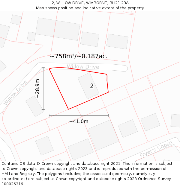 2, WILLOW DRIVE, WIMBORNE, BH21 2RA: Plot and title map
