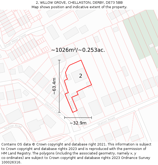 2, WILLOW GROVE, CHELLASTON, DERBY, DE73 5BB: Plot and title map