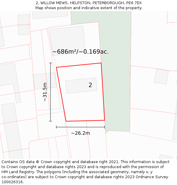 2, WILLOW MEWS, HELPSTON, PETERBOROUGH, PE6 7EX: Plot and title map