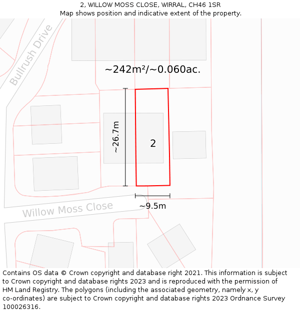 2, WILLOW MOSS CLOSE, WIRRAL, CH46 1SR: Plot and title map