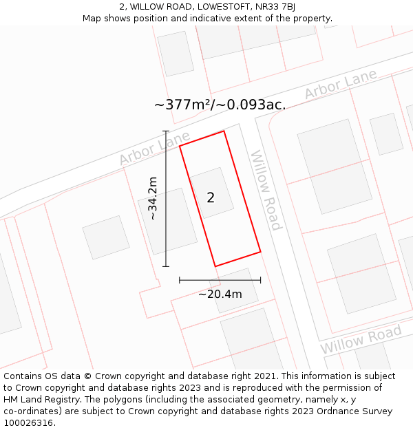 2, WILLOW ROAD, LOWESTOFT, NR33 7BJ: Plot and title map