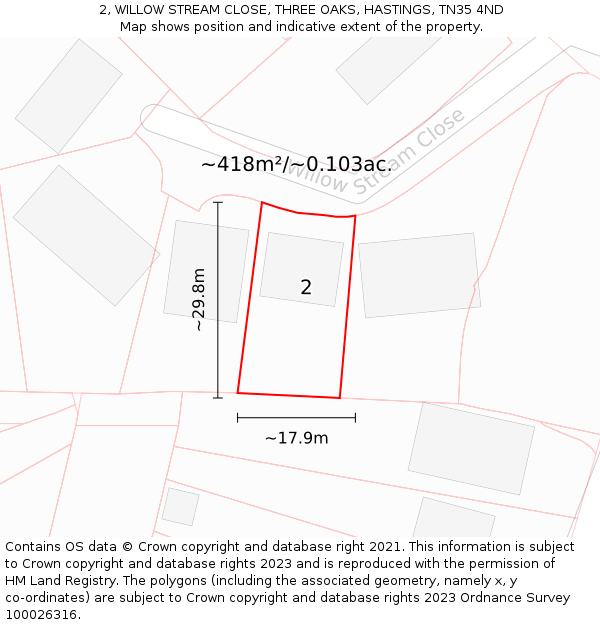 2, WILLOW STREAM CLOSE, THREE OAKS, HASTINGS, TN35 4ND: Plot and title map
