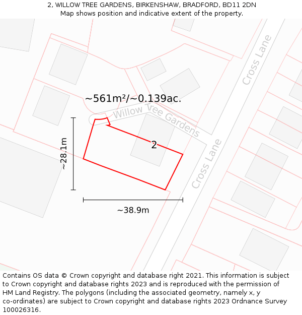 2, WILLOW TREE GARDENS, BIRKENSHAW, BRADFORD, BD11 2DN: Plot and title map