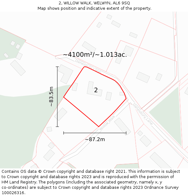 2, WILLOW WALK, WELWYN, AL6 9SQ: Plot and title map