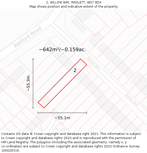 2, WILLOW WAY, RADLETT, WD7 8DX: Plot and title map