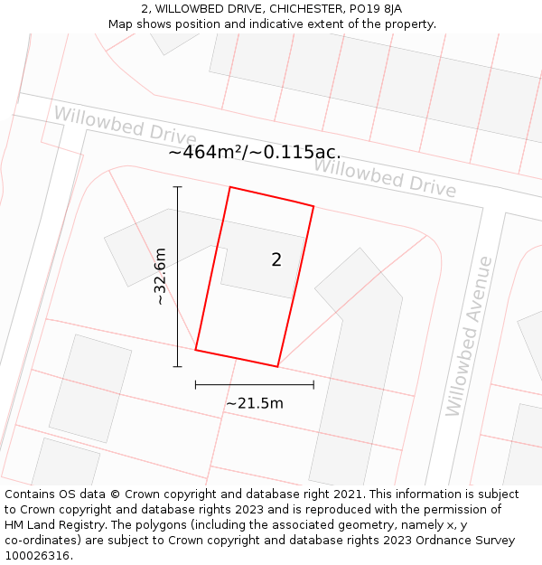 2, WILLOWBED DRIVE, CHICHESTER, PO19 8JA: Plot and title map