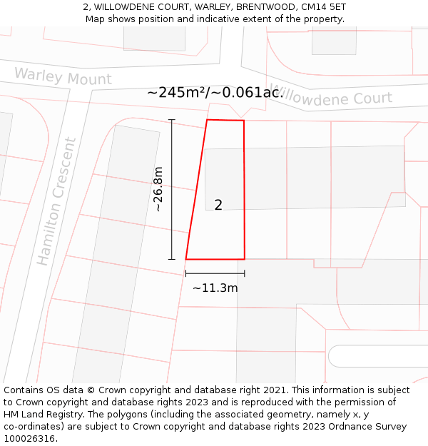 2, WILLOWDENE COURT, WARLEY, BRENTWOOD, CM14 5ET: Plot and title map