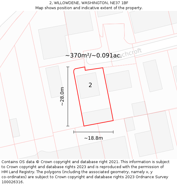 2, WILLOWDENE, WASHINGTON, NE37 1BF: Plot and title map