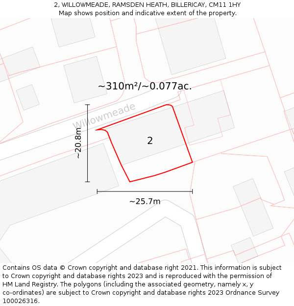 2, WILLOWMEADE, RAMSDEN HEATH, BILLERICAY, CM11 1HY: Plot and title map