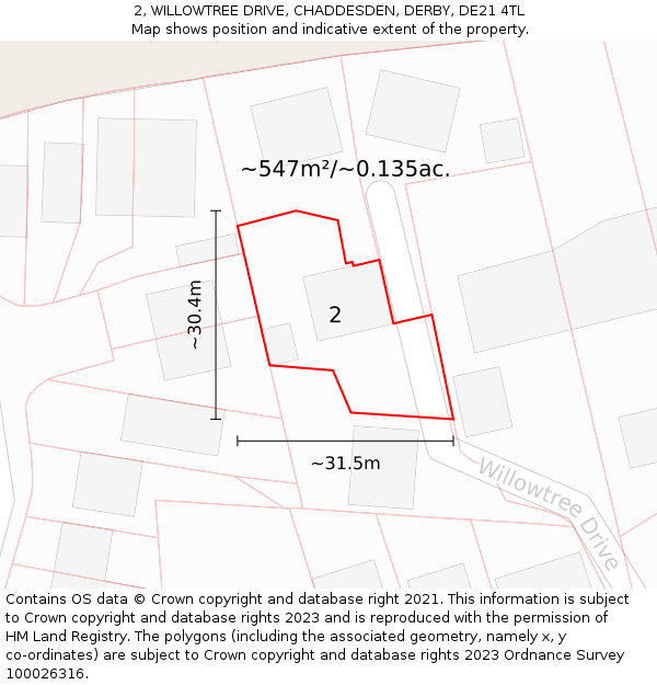 2, WILLOWTREE DRIVE, CHADDESDEN, DERBY, DE21 4TL: Plot and title map