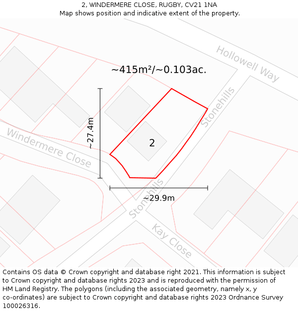 2, WINDERMERE CLOSE, RUGBY, CV21 1NA: Plot and title map