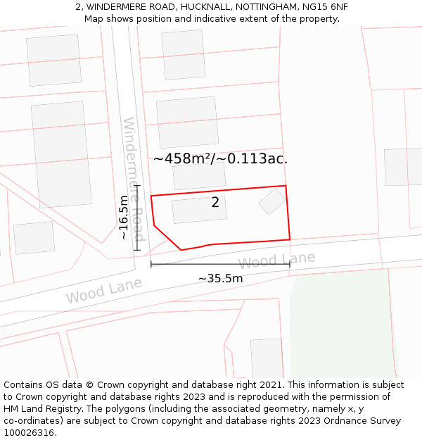 2, WINDERMERE ROAD, HUCKNALL, NOTTINGHAM, NG15 6NF: Plot and title map