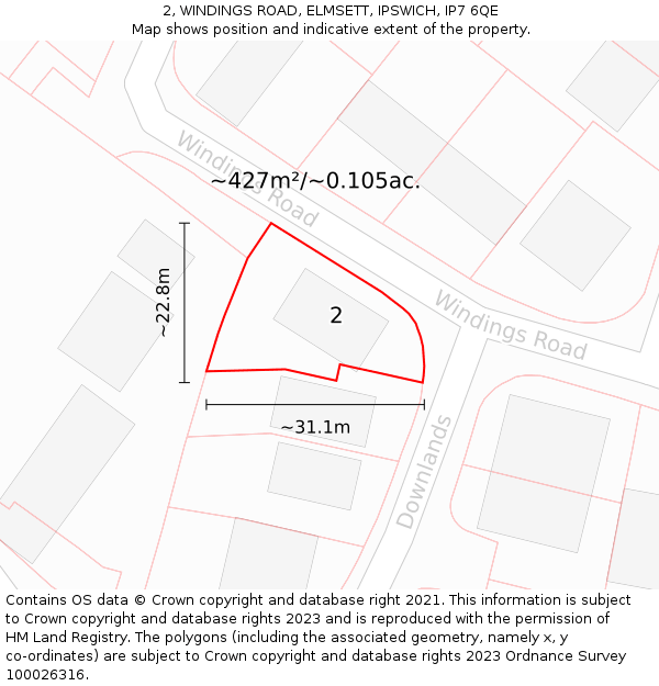 2, WINDINGS ROAD, ELMSETT, IPSWICH, IP7 6QE: Plot and title map