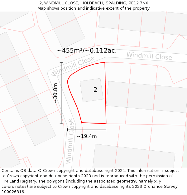 2, WINDMILL CLOSE, HOLBEACH, SPALDING, PE12 7NX: Plot and title map