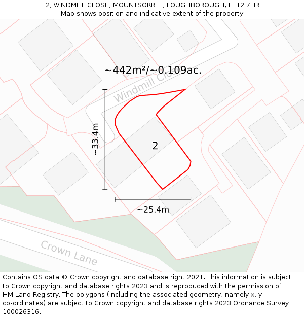 2, WINDMILL CLOSE, MOUNTSORREL, LOUGHBOROUGH, LE12 7HR: Plot and title map