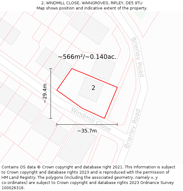 2, WINDMILL CLOSE, WAINGROVES, RIPLEY, DE5 9TU: Plot and title map