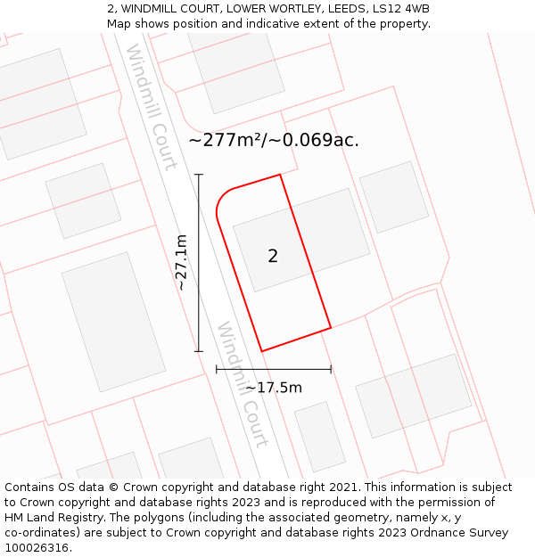 2, WINDMILL COURT, LOWER WORTLEY, LEEDS, LS12 4WB: Plot and title map