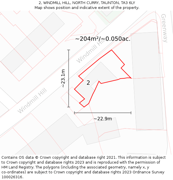 2, WINDMILL HILL, NORTH CURRY, TAUNTON, TA3 6LY: Plot and title map