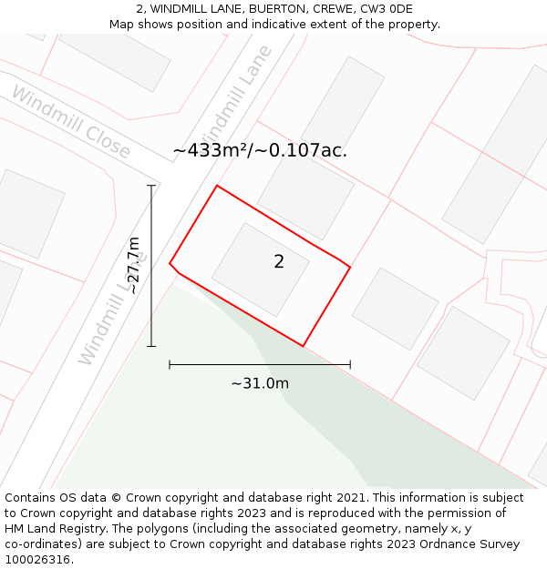 2, WINDMILL LANE, BUERTON, CREWE, CW3 0DE: Plot and title map