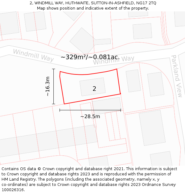 2, WINDMILL WAY, HUTHWAITE, SUTTON-IN-ASHFIELD, NG17 2TQ: Plot and title map