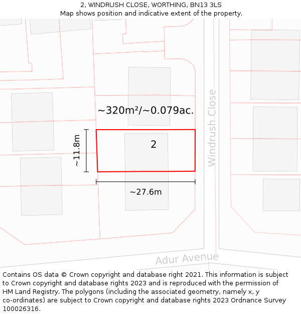 2, WINDRUSH CLOSE, WORTHING, BN13 3LS: Plot and title map