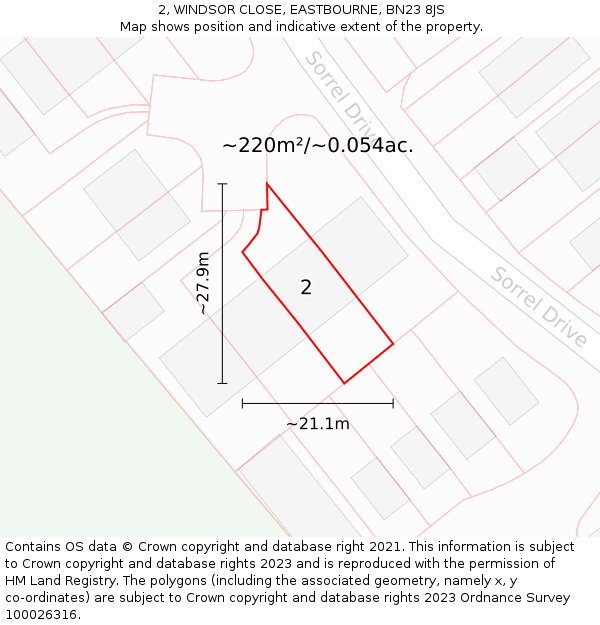 2, WINDSOR CLOSE, EASTBOURNE, BN23 8JS: Plot and title map
