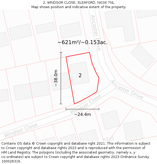 2, WINDSOR CLOSE, SLEAFORD, NG34 7NL: Plot and title map