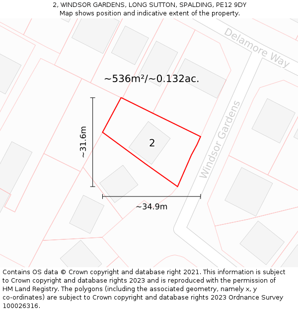 2, WINDSOR GARDENS, LONG SUTTON, SPALDING, PE12 9DY: Plot and title map